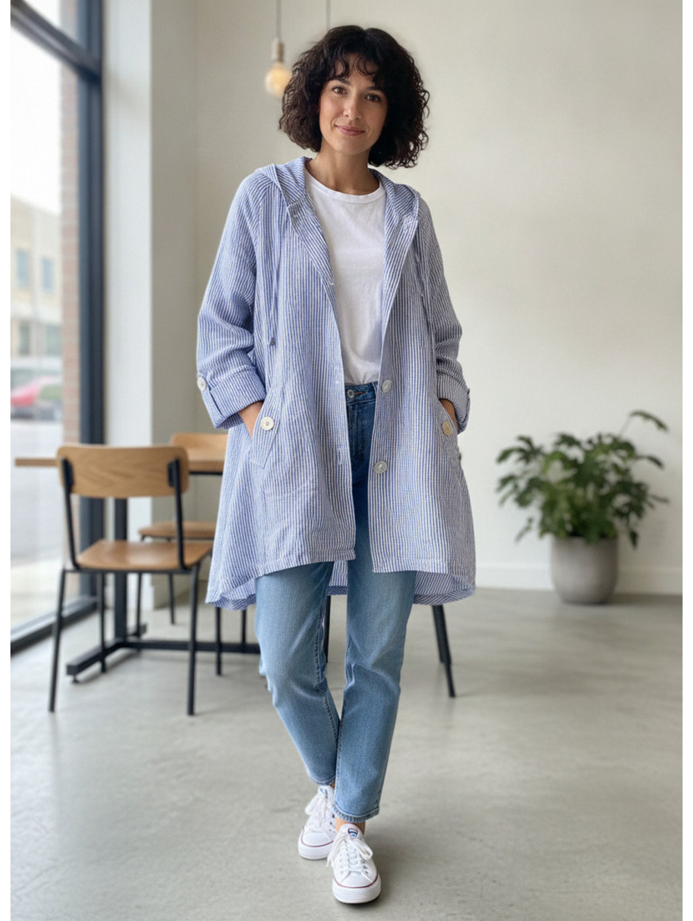 Sigrid Olsen lagenlook hooded linen jacket beachcore large blue striped tunic